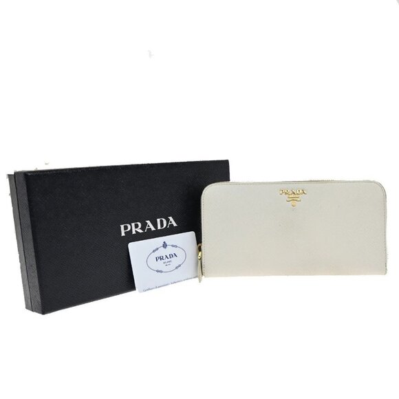 PRADA Logo Saffiano Long Zipper Around Wallet Leather White GHW Italy 63KB087 - Picture 1 of 14